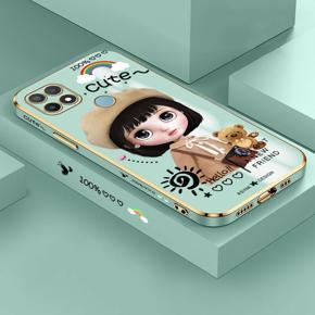 Hontinga for OPPO A15 Luxury 6D Plating Soft Casing Silicone Square Frame Phone Case Shiny Bling Back Cover Cute Cartoon Satchel Girl Case