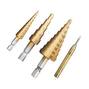 GMTOP HSS 4PCS Tita-nium Step Drill Bit Set High Speed Steel Drill Bits Set with Automatic Center Punch Multiple Hole Stepped Up Bits for Plastic Wood Metal