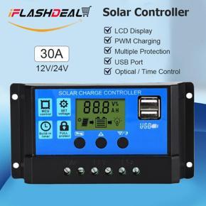 30A Solar Charge Controller Solar Panel Controller 12V/24V Adjustable LCD Display Solar Panel B-attery Regulator With USB Port Auto PWM Controllers Intelligent System Charging Controller For Home