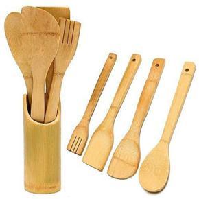 Bamboo Cooking Spoon 4 pieces set with Holder (11.5×1.5×0.25 Inches)