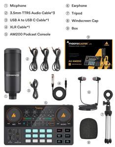 Maono Caster (AU-AM200) Lite Portable ALL-IN-ONE Podcast Production Studio with 3.5mm Microphone for Guitar, Live Streaming, PC, Record and Gaming Audio Interface with DJ Mixer and Sound Card,