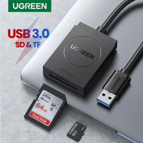 UGREEN SD Card Reader USB 3.0 Dual Slot Flash Memory Card Reader TF, SD, Micro SD, SDXC, SDHC, MMC, RS-MMC, Micro SDXC, Micro SDHC, UHS-I for Mac, Windows, Linux, Chrome, Read 2 Cards Simultaneously