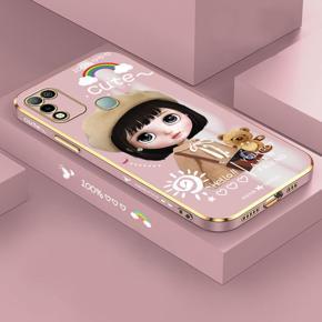 Hontinga for Infinix Hot 10 Play/Hot 11 Play Back Cover Luxury 6D Plating Cartoon Satchel Girl Side Pattern Case Soft Silicone Square Phone Cases