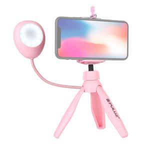 （Ready Stock）PULUZ Mini Pocket Desktop Tripod Mount + Phone Clamp Holder + Live Broadcast LED Light with 1/4 inch Screw (Pink)