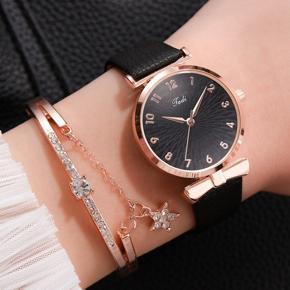 2pcs/Set Women Watches Bracelet Set Flowers Ladies Bracelet Watch Casual Leather Quartz Wristwatch