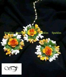 Artificial Flower Jewellery Tikli Set White & Orange Colour For Women-3 pc