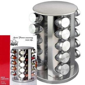 Stainless Steel Spice Rack Stand Carousel Rotating Glass 16 Jars - Silver Color