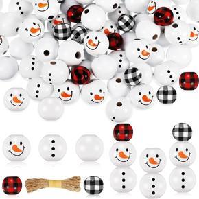 BRADOO 120 Piece Christmas Wooden Bead Snowman Wooden Bead Winter Wooden Bead Loose Craft Wooden Bead Round Bead with Twine