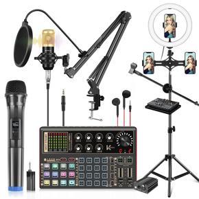 PULUZ Professional Microphone Live Sound Card Kit with Phantom Power and 1.6m Stand Selfie Ring Light, Chinese Version