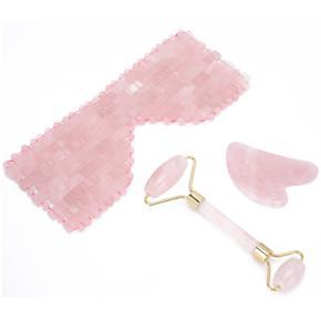Himeng La 3pcs Rose Quartz Facial Roller Gua Sha Board Therapy Blindfold Beauty Tool Kit