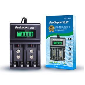 Doublepow LCD display fast battery Intelligent first charger UK95 4 slots 1.2v AA,AAA & 9v Ni-MH & NI-Cd battery charger with usb cable