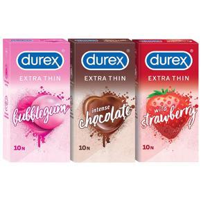 Durex Extra Thin Flavoured Condoms, 10s, Pack of 3 (Bubblegum + Chocolate + Strawberry)