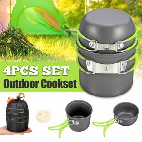 4Pcs Outdoor Camping Cookware Cookset Non-stick Pot Bowl with Nylon Carrying Bag - Green