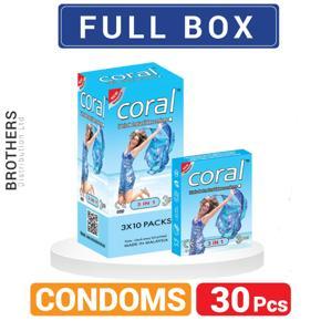 Coral 3 in 1 Lubricated Natural Latex Condoms - Full Box - 10x3=30 Pcs