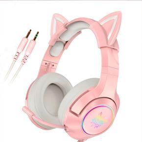 Leno New Product K9 Pink Cat Ear Cute Girl Gaming Headset with Mic ENC Noise Reduction HiFi 7.1 Channel RGB Wired Headphone