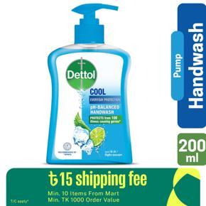 Dettol Handwash Cool 200ml Pump, pH-Balanced Liquid Soap with Menthol