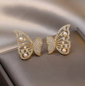 Trendy Hollow Butterfly Wing Earrings French Style Pearl Crystal Butterfly Stud Earrings Jewelry for Women - Earrings for Simple Stylish