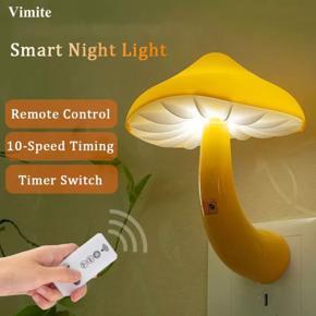 Vimite Led Cute Mushroom Shaped Night Light with Remote Control Plug-in Wall Lamp Dimming 10 Models Timer Bedroom Lamp for Kids Room Lighting Warm Sleep Overnight