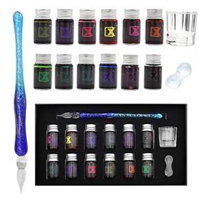 ZZKOKO Glass Pen Set, Calligraphy Set - 12 Colors Ink, Glass, Pen Holder, Crystal Vintage Glass Dip Pen for Art, Writing, Drawing, Signatures