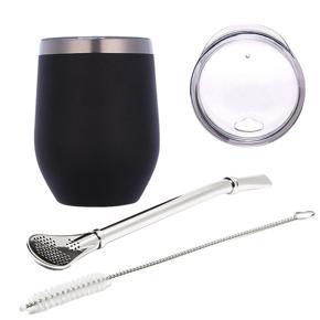 Double-Wall Stainless Yerba Gourd Mate Tea Set Water Mate Tea Cup with Lid Spoon Straw Bombilla Head Filter Brush,Black