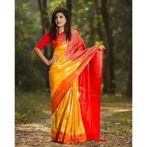 Yellow and Red Half Silk Saree for Women