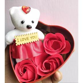 SillyMe Valentine Gift - 1 Cute Teddy with 3 Roses in Small Heart Shaped Box