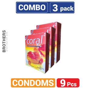 Coral 3 Fruits Flavors Lubricated Natural Latex Condoms - Combo Pack - 3x3=9Pcs