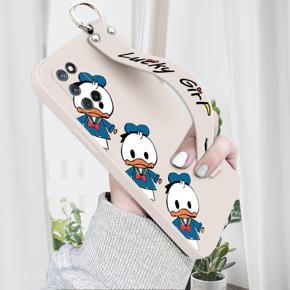 Hontinga for OPPO A52 Wrist Strap Case Cute Cartoon Little Duck Phone Case Square Edge Liquid Silicone Case Full Cover Camera Shockproof Protective Cases