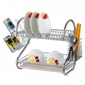 2 Layer Dish Drainer,Kitchen Stainless Steel 2 Layer S Shape Dish Rack Organizer Storage Set with Tray - Silver Color