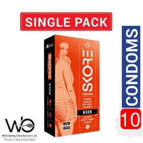 Skore Warm Condom - Colored, Dotted, Ribbed & Shaped with Warming lubricant and smoky fragrance - 10pcs Pack