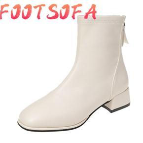 Women Ankle Boots Square Toe PU Leather Shoes Women High Heels Winter Chelsea Boots Zip Fashion Martin Boots Ladies White Shoes