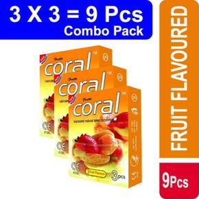 Coral 3 Fruits Flavoure Lubricated Natural Latex Condom- 3x3=9pcs (package)