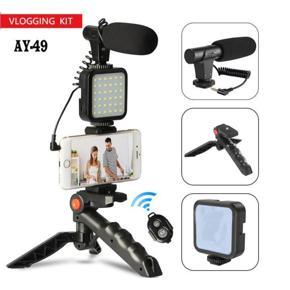 AY-49 Smartphone & Camera Vlogging Studio Kits Video Capture Photography Costume with Microphone LED Spotlight Mini Tripod