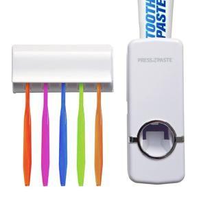 Press 2 Paste - Wall mounted Hands Free Automatic Toothpaste Dispenser and 5 toothbrush Holder - Color White