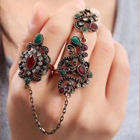 Vintage Flower Rings Adjustable Size Women Colorful Resin Antique Jewelry Link Two Fingers Ring Festival Anglos