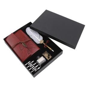 Himeng La Quill Pen Notebook Set Classic Loose Leaf Paper Feather Gift with 8 Replaceable Nibs for Elders Teachers