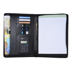 Multifunctional Professional Business Portfolio Padfolio Folder Document Case Organizer A4 PU Leather Zippered Closure with Calculator Card Holder Memo Note Writing Pad