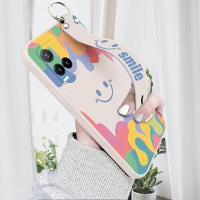 Hontinga for Vivo Y33S Wrist Strap Case Soft Candy Color Splash Ink Cover Trend Square Printed Pattern Liquid Silicone Phone Case