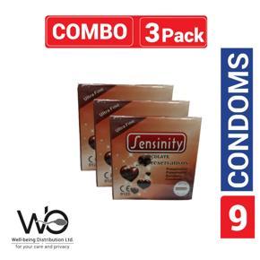 Sensinity Ultra Fine Ribbed & Dotted Chocolate Flavor Condom - Combo Pack - 3 Packs - 3x3=9pcs