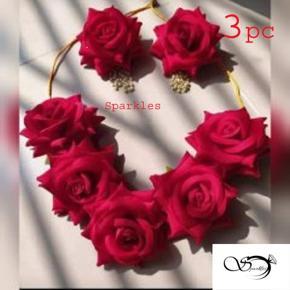 ARTIFICIAL RED ROSE FLOWER JEWELLERY SET-3pc