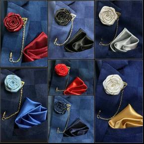 Flower Lapel Chain Pin With Pocket Square For Men