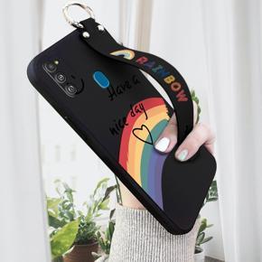 Hontinga for Samsung Galaxy M21 Wrist Strap Case Lovely Graffiti Rainbow Smile Thin Phone Cover Square Edge Liquid Silicone Creativity Phone Case