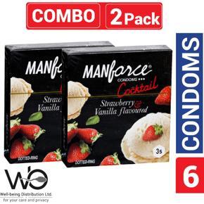 Manforce - Cocktail Condoms with Dotted-Rings Strawberry & Vanilla Flavored - Combo Pack - 2 Pack - 3x2=6pcs