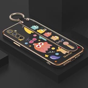 Hontinga for Realme 6/Narzo Back Cover With Wristband Luxury 6D Plating Cute Little Monsters Case Soft Silicone Square Phone Cases