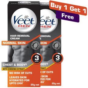 Veet Men Buy 1 Get 1 Hair Removal Cream Normal Skin 25gm- for Chest, Arm, Leg & Armpit with Ginseng Extract, No Risk of Cuts