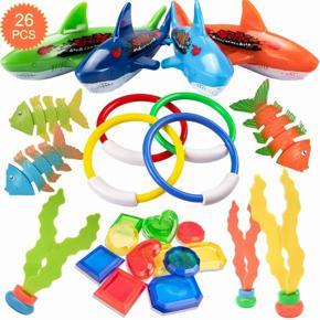 HENMI 26 Pack Diving Toy for Pool Use Underwater Swimming/Diving Pool Toy Rings, Toypedo Bandits,Stringy Octopus and Diving Fish with Under Water Treasures Gift Set Bundle,Ages 3 and Up Mu