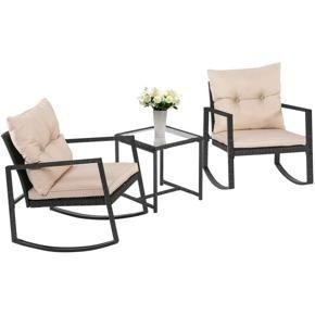 FDW 3 Pieces Wicker Outdoor Set with a High-Quality Tempered Glass Coffee Table, Black