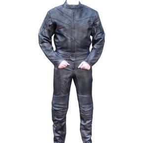 Perrini 2 PC Genuine Leather Motorbike Motorcycle Drag Racing Suit Black with Metal Waist Zipper