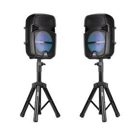 QFX Twin 8-in Bluetooth Wireless Stereo Speaker Bundle, Stands, Two Microphones, Black