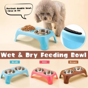 Twin Dog/Puppy/Cat Wet Pet Supplies & Dry Feeding Bowl Stand Food/Water-small blue -